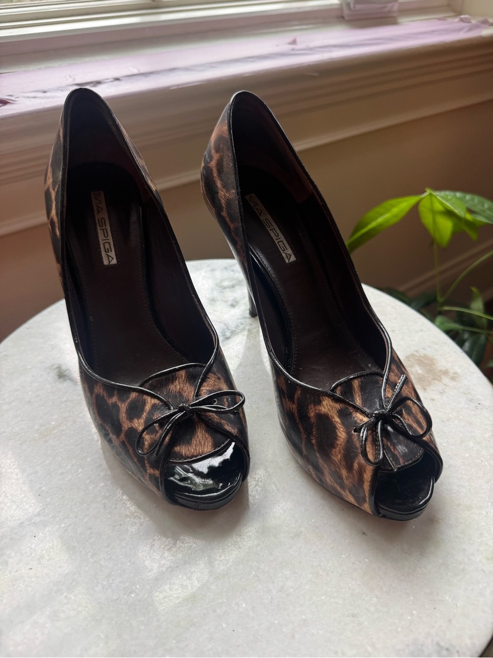 Via Spiga Leopard-Print Peep-Toe Heels with Black Patent Trim